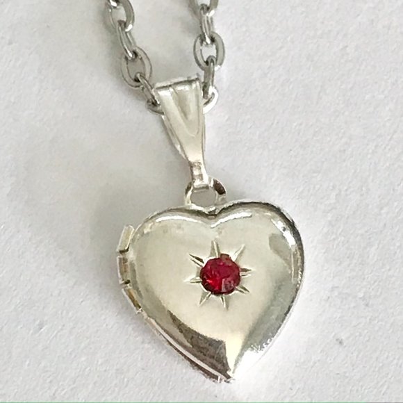 Vintage Silver Heart Locket Necklace Dainty Small Charm 18" Plated Red Stone - Picture 5 of 10